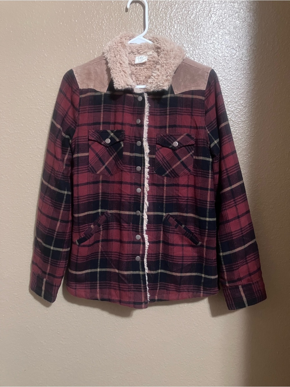 White Crow Burgundy and Black Plaid Teddy-Lined Jacket